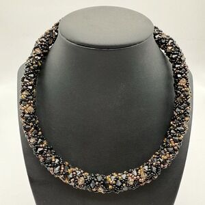 NWT About Color Indonesia Black & Brown Seed Bead 16.5" Chunky Collar Necklace